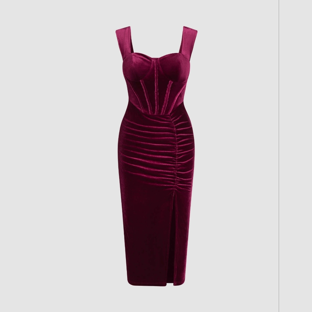 Elegant Cider Deep Red Velvet Corset Midi Dress. Medium, stretchy, NWT - Picture 3 of 5